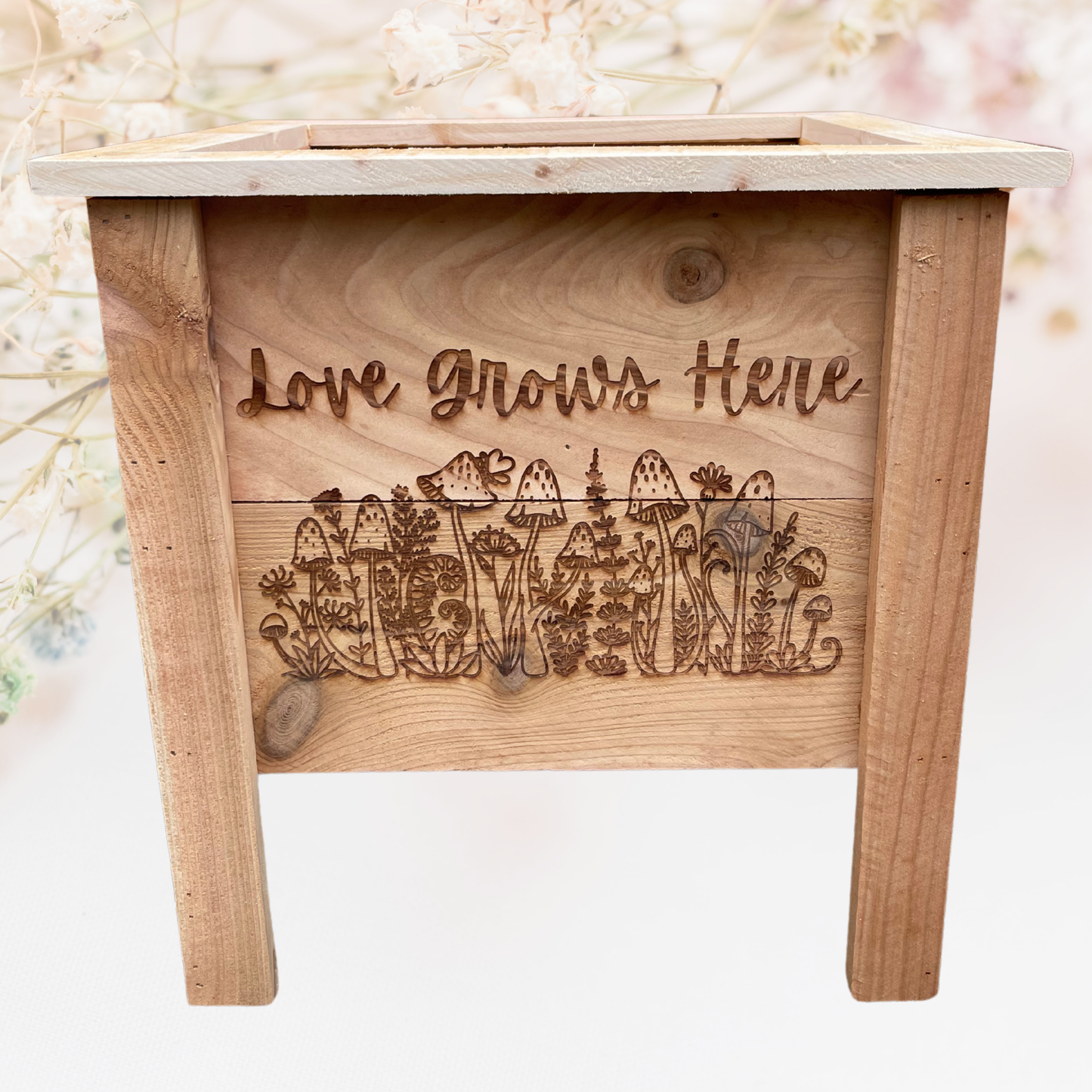Love Grows Here Mushroom Small Cedar Planter
