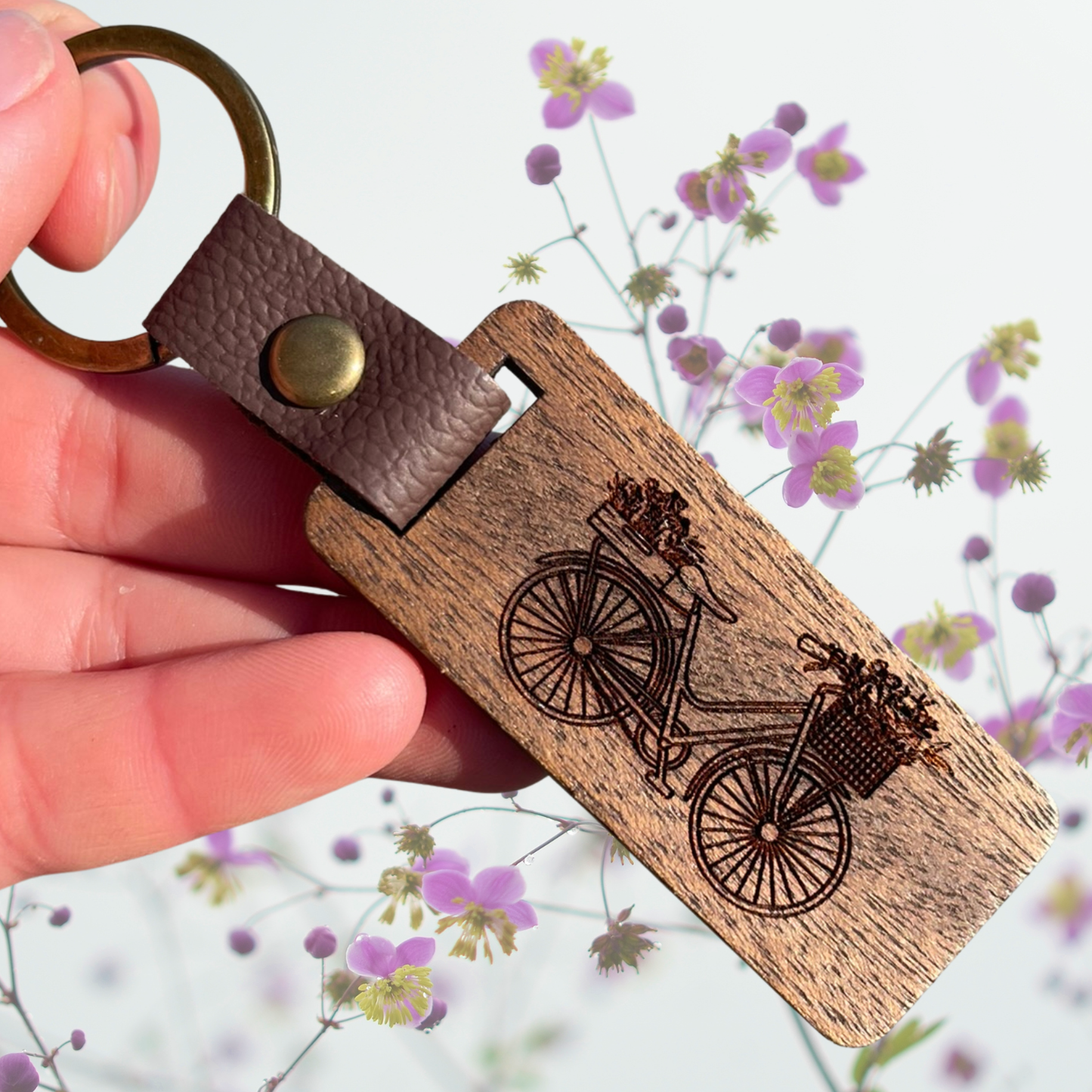 Floral Bicycle Wooden Keychain