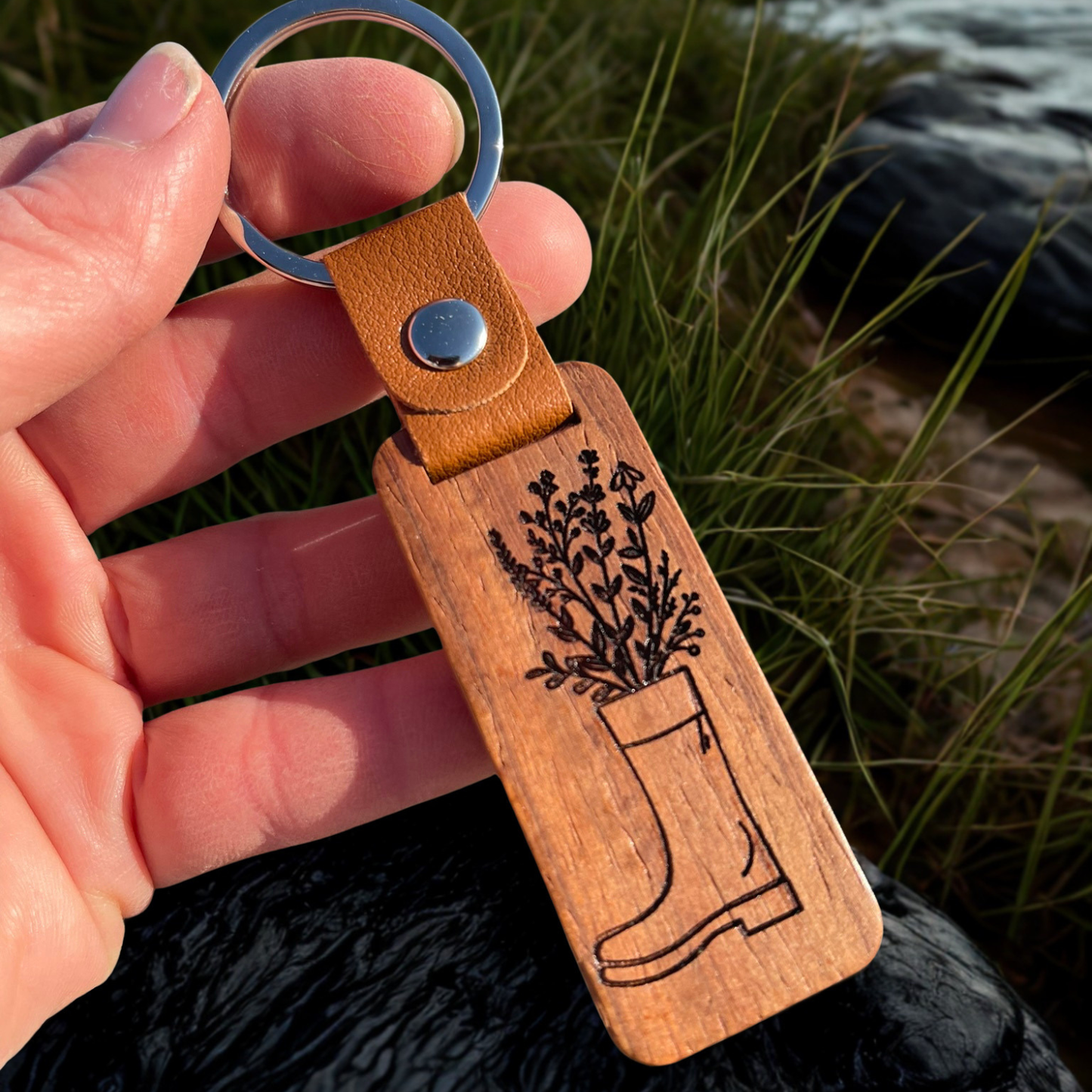 Floral Ak Boots Wooden Keychain