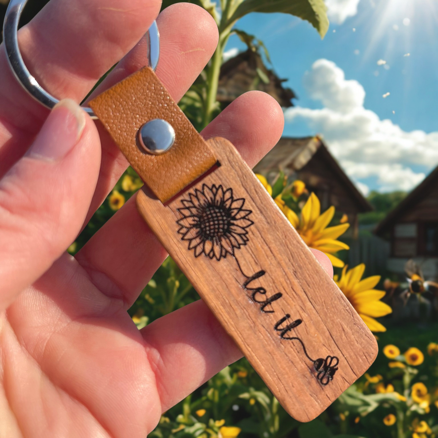 Let it Bee Sunflower Wooden Keychain