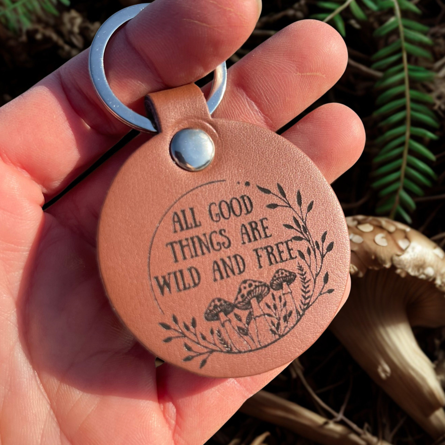 Wild and Free Mushroom Leather Keychain