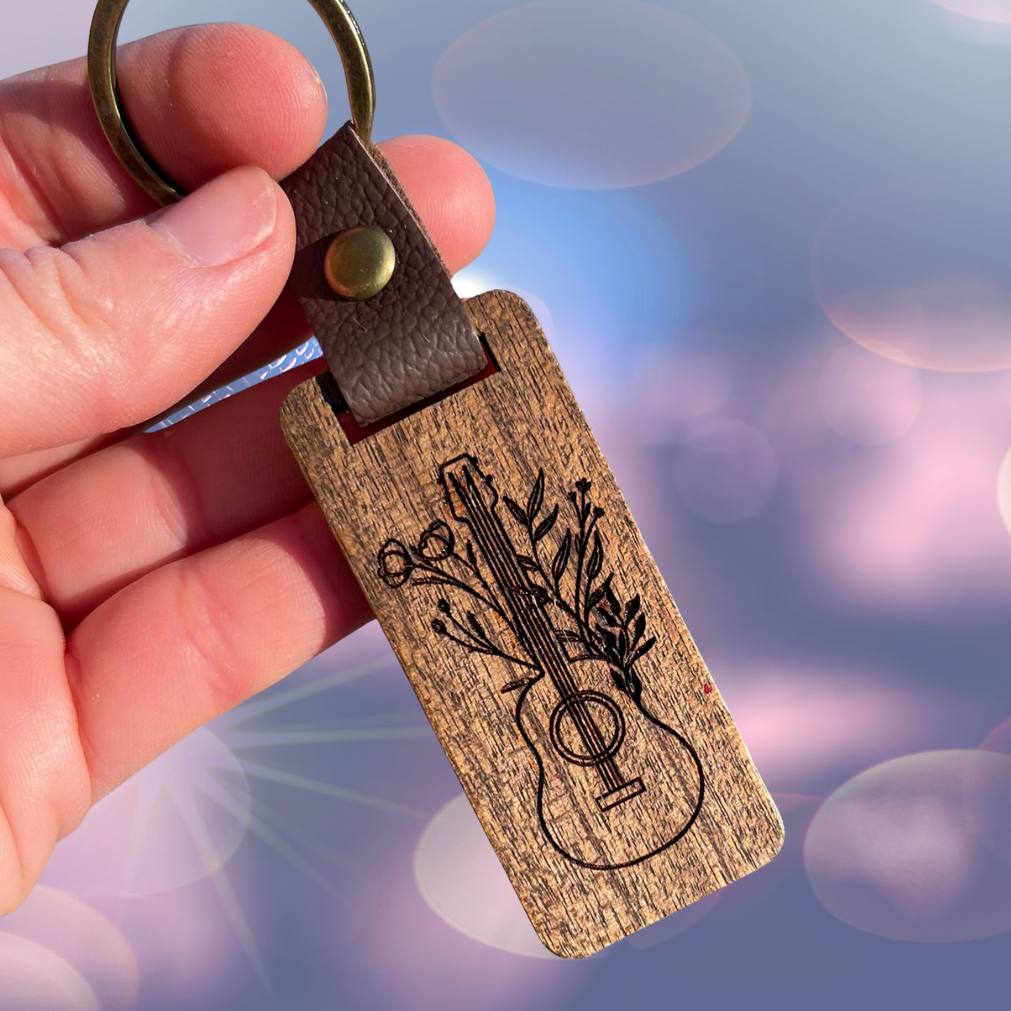 Guitar Floral Wooden Keychain