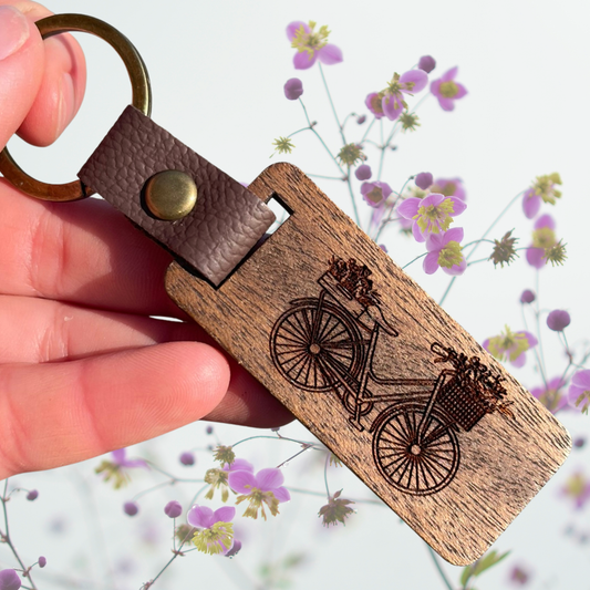 Floral Bicycle Wooden Keychain