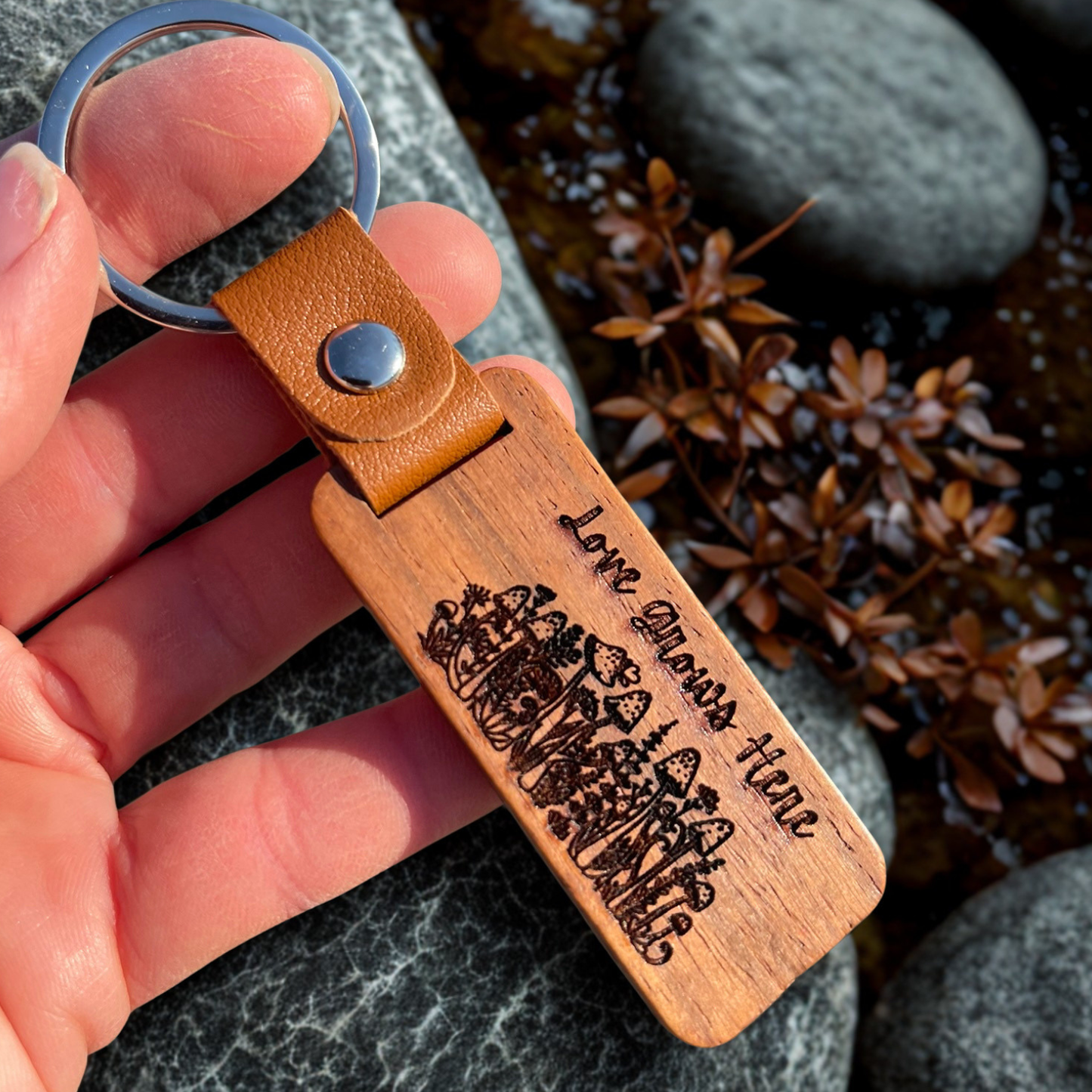 Love Grows Here Mushroom Wooden Keychain